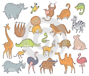 Cute set african and asian animals. Vector cartoon doodle safari characters illustration on white background.