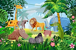 Cute Set Animals in Jungle tropical rainforest background landscape. Lion, giraffe, gorilla, hippo, elefant, buffolo