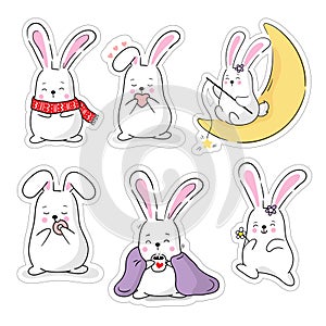 Cute set of baby animals rabbits stickers in cartoon kawaii style. Vector characters bunny bundle for kids.