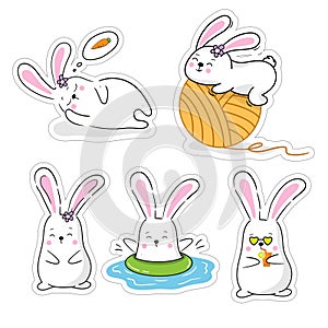 Cute set of baby animals rabbits stickers in cartoon kawaii style. Vector characters bunny bundle for kids.