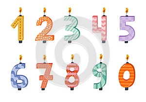 Cute set with birthday number candles from 0 to 9 with burning flames in scandinavian style. Decoration for holiday cake