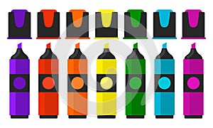 Cute set of bright markers of different colors in flat style isolated on white background.