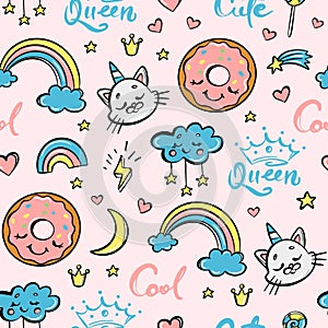 CUTE SET CARTOON ANIMALS Hand Drawn Sketch Phrases Pattern