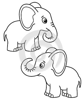 Cute set of cartoon elephant, vector black and white illustrations for children`s coloring or creativity