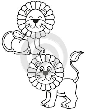 Cute set of cartoon lion, vector black and white illustrations for children`s coloring or creativity