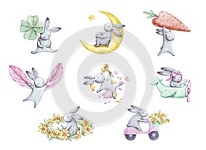 Cute set of cartoon watercolor bunny.