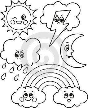 Cute set of cartoon weather icons, vector black and white icons, illustrations for children`s coloring or creativity