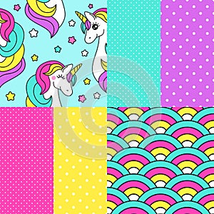 Cute set of childish seamless patterns with cartoon character of magic unicorn
