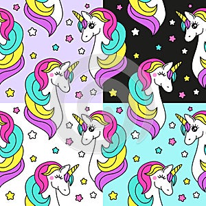 Cute set of childish seamless patterns with cartoon character of magic unicorn