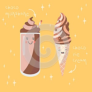 Cute set with chocolate ice cream and milkshake
