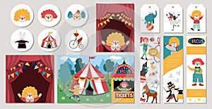 Cute set of circus cards with clown, artists, animals. Vector street show square, round, vertical print templates. Amusement park