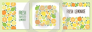 Cute set of Citrus Fruits Lemon, Lime and Orange backgrounds in vivid tasty colors ideal for Fresh Lemonade