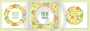 Cute set of Citrus Fruits Lemon, Lime and Orange backgrounds in vivid tasty colors ideal for Fresh Lemonade