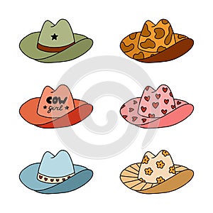 Cute set of cowgirl and cowboy hat. Sheriff hat with hearts, cow, flower print in cowboy and cowgirl western theme