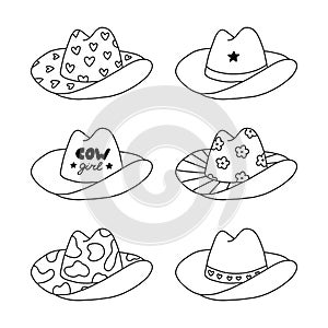 Cute set of cowgirl and cowboy hat. Sheriff hat with hearts, cow, flower print in cowboy and cowgirl western theme