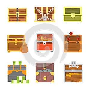 Cute set of diferent chests. Cartoon illustration chest. Safe money. wooden chests with golden coins and money