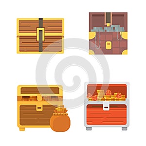 Cute set of diferent chests. Cartoon illustration chest. Safe money. wooden chests with golden coins and money