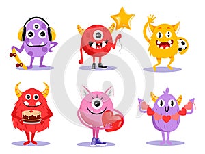 Cute Set Of Different Cartoon Monsters Characters In Flat Style. Vector Illustration With Funny Creatures On White