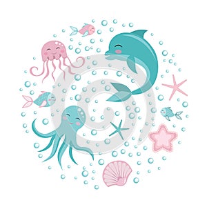 Cute set dolphin, octopus, fish, jellyfish. underwater world collection