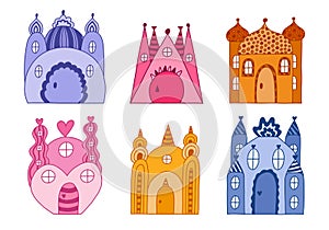 Cute set with fairy tale castles with towers of kings and queens. Bundle of magic medieval castles for kids nursery