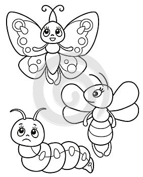 Cute set of funny insects, vector black and white illustrations butterfly, bee and caterpillar for children`s coloring or creativi