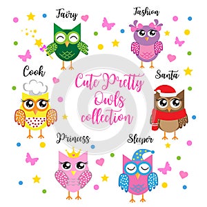Cute set of girls owls fairy, princess, christmas, cook, fashion and sleeping. Cartoon children`s characters. Vector