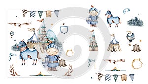 Cute set with hand drawn watercolor isolated colored clip art on the theme of kingdom on white color. Set of fairy tale elements