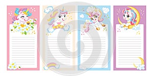 Cute set of happy unicorns note pages vector
