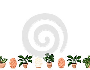 Cute set of hygge potted succulent plants and himalayan salt lamps on white background seamless pattern. Letter format lagom