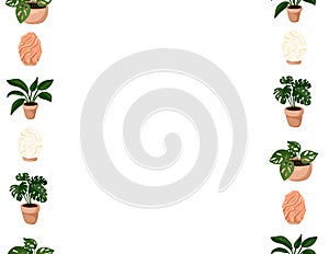 Cute set of hygge potted succulent plants and himalayan salt lamps on white background seamless pattern. Letter format lagom