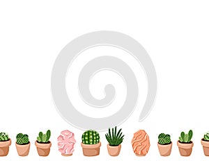 Cute set of hygge potted succulent plants and himalayan salt lamps on white background seamless pattern. Letter format lagom