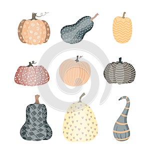 Cute set of isolated pumpkins with doodle ornament. Flat vector illustartion. Halloween or Thankgiving day symbol.