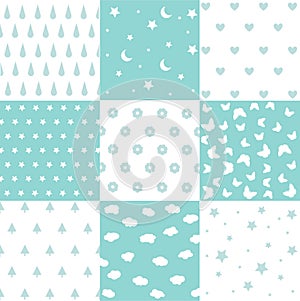 Cute set of kids seamless patterns with fabric textures