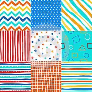 Cute set of kids seamless patterns with fabric textures