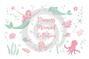 Cute set little mermaid princess and dolphin, octopus, fish, jellyfish, coral. underwater world collection.