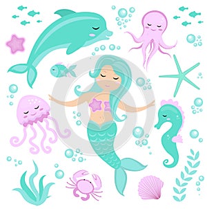 Cute set Little mermaid and underwater world. Fairytale princess mermaid and dolphin, octopus, seahorse, fish, jellyfish