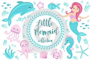 Cute set Little mermaid and underwater world. Fairytale princess mermaid and dolphin, octopus, seahorse, fish, jellyfish