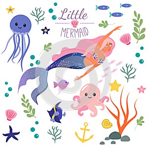 Cute set Little mermaid and underwater world. Fairytale princess mermaid and octopus, fish, jellyfish. Under water in