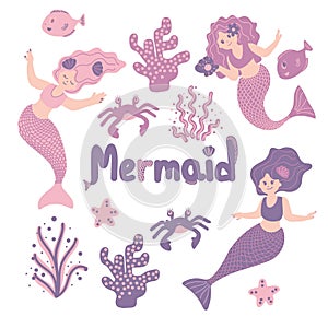 Cute set Little mermaid and underwater world. Under water in the sea mythical marine collection. Funny cartoon