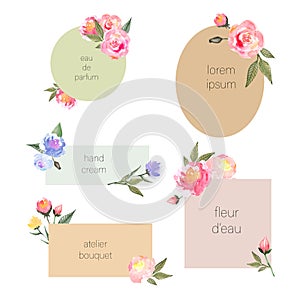 Cute set logo with Rose flowers and leaves for cosmetic, paskage, branding, postcard, label