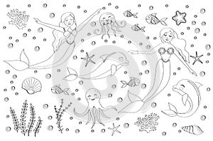 Cute set of mermaid princess and dolphin, octopus, fish, jellyfish, coral. underwater world collection. elements sketch outline