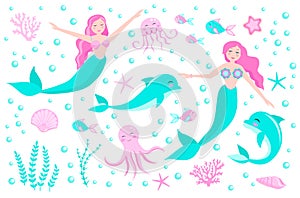 Cute set of mermaid princess and dolphin, octopus, fish, jellyfish, coral. underwater world collection. vector