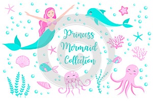 Cute set of mermaid princess and dolphin, octopus, fish, jellyfish, coral. underwater world collection. vector eps10