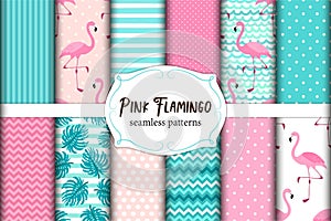 Cute set of Pink Flamingo tropical vibes seamless patterns. Vector illustration.