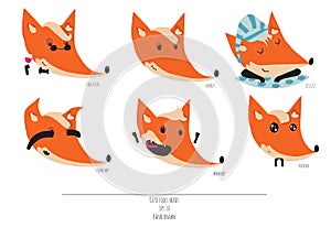Cute set of playful foxes heads with various emotions. Sleepy, woohoo, hiding, please, like a sir, Hand drawn cute illustra