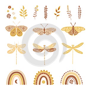 Cute set with rainbow, butterflies and leaves, flowers, dreamcatcher.
