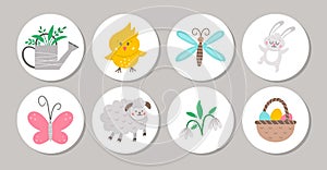 Cute set of round Easter highlight icons or card designs with bunny, cute animals, watering can, butterfly, flowers. Vector spring