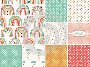 Cute set of scandinavian childish seamless pattern with trendy hand drawn rainbows, clouds, stars and hearts