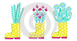 Cute set spring flowers in yellow rubber boots, design and decor element, spring composition, vector illustration in