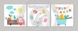 Cute set of square Easter cards with Bunny, colored eggs, cute wheel barrow with chick. Vector spring print design templates.